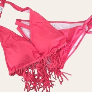 🌺 Zeraca Halter Coral Pink Bright Fringe Halter Tie Bikini Set L (12-14)